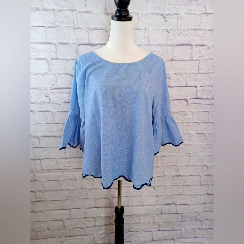 Seen &‎ Be Seen Blue/White Stripe Scalloped Sleeve Cotton Top Size M PreOwned